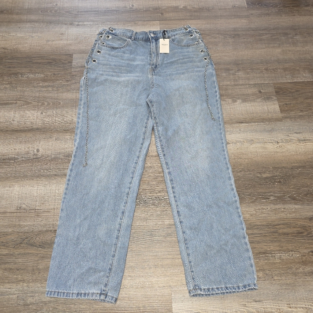 NWT Forever 21 Side Tie Waist Chain Denim Jeans Straight Leg Dark Wash Size 31